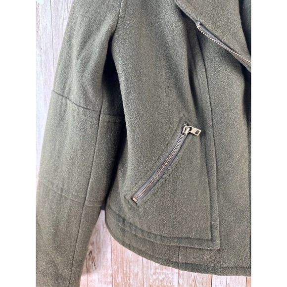 American Eagle‎ Womens Moto Jacket Sz Small Dark Moss Green Wool Blend Faux Fur - Picture 5 of 12